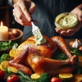 98 77. Close-up of a person basting a juicy turkey with a fragr